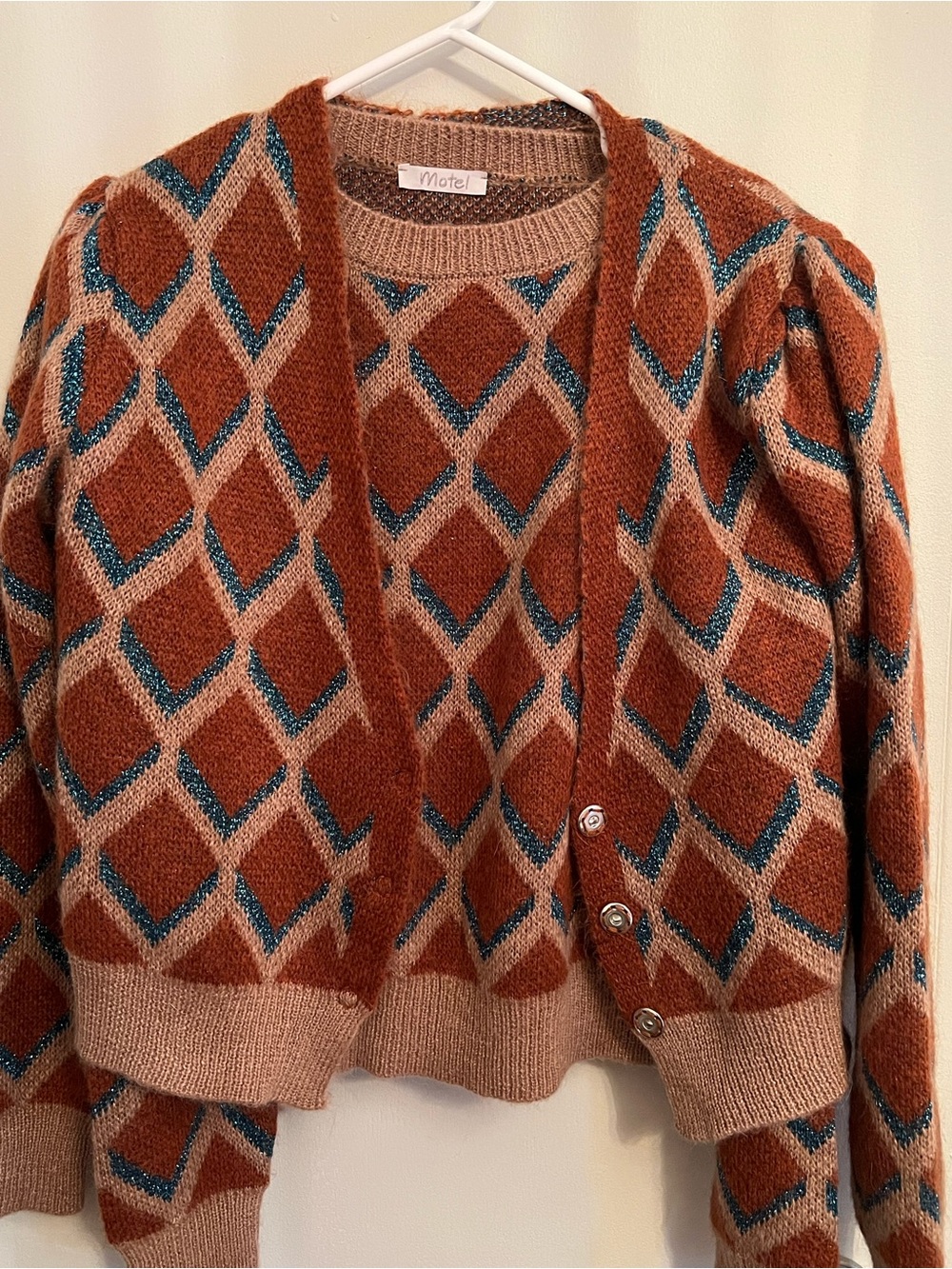 Motel Rocks Rust, Teal & Cream Geo V-Neck Cardigan and matching pullover